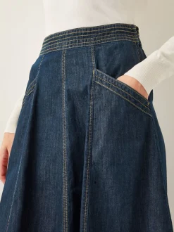 Blauw wit - Monsoon Harper Seamed Denim 100% Cotton Midi Skirt