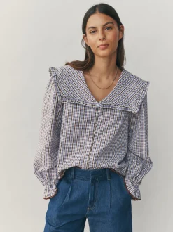 Blauw/bruin met ruitmotief - Oversized Collar Long Sleeve Blouse