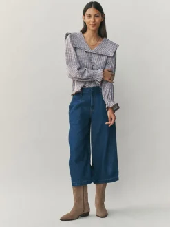 Blauw/bruin met ruitmotief - Oversized Collar Long Sleeve Blouse