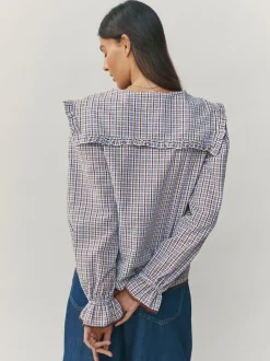 Blauw/bruin met ruitmotief - Oversized Collar Long Sleeve Blouse
