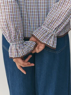 Blauw/bruin met ruitmotief - Oversized Collar Long Sleeve Blouse
