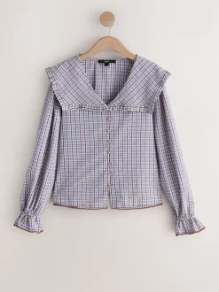 Blauw/bruin met ruitmotief - Oversized Collar Long Sleeve Blouse