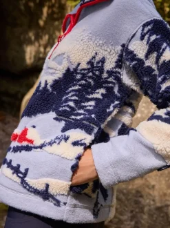 Blauwe grafische winterlandschap - Soft Touch Knusse Teddy Borg Kwartrondrits Fleece