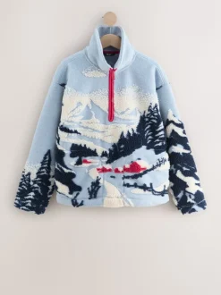 Blauwe grafische winterlandschap - Soft Touch Knusse Teddy Borg Kwartrondrits Fleece