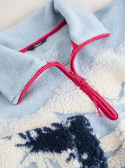Blauwe grafische winterlandschap - Soft Touch Knusse Teddy Borg Kwartrondrits Fleece