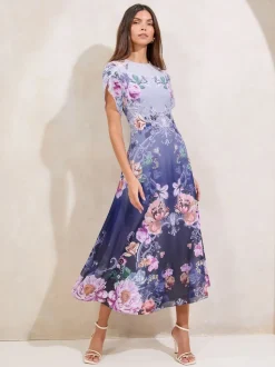 Blauwe print - Lipsy ombré midi-jurk met bloemenprint, tulpmouwen en fit en flare-model
