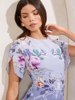 Blauwe print - Lipsy ombré midi-jurk met bloemenprint, tulpmouwen en fit en flare-model