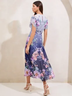 Blauwe print - Lipsy ombré midi-jurk met bloemenprint, tulpmouwen en fit en flare-model