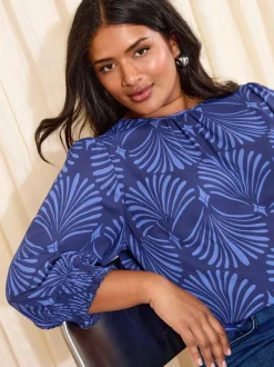 Blauwe waaierprint - Friends Like These - Blouse met gerimpelde manchetten en 3/4 mouwen