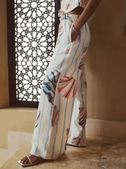 Blauw/ecru - Pull On Wide Leg Trousers With Linen