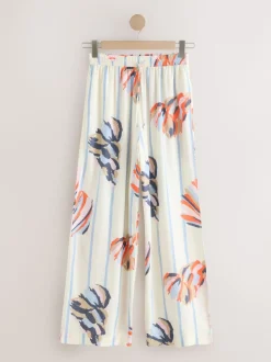 Blauw/ecru - Pull On Wide Leg Trousers With Linen