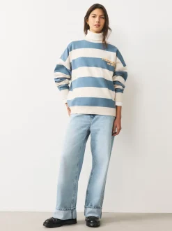 Blauw/ecru - Striped Graphic 'Colarado' City Longsleeve Crewneck Sweatshirt