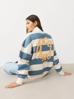 Blauw/ecru - Striped Graphic 'Colarado' City Longsleeve Crewneck Sweatshirt
