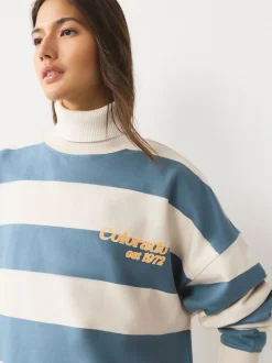 Blauw/ecru - Striped Graphic 'Colarado' City Longsleeve Crewneck Sweatshirt