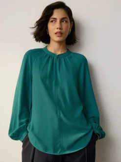 Blauwgroen - Blouse met V-hals en lange mouwen