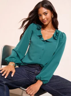 Blauwgroen - Friends Like These Long Sleeve Button Front Ruffle Blouse