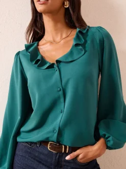 Blauwgroen - Friends Like These Long Sleeve Button Front Ruffle Blouse
