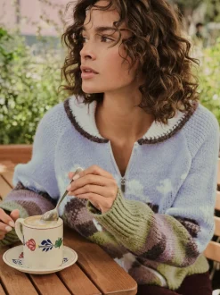 Blauw/Groen - Landscape Scene Zip Cardigan