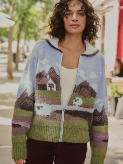 Blauw/Groen - Landscape Scene Zip Cardigan