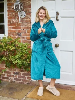 Blauwgroen - Loungeable Christmas Ribbon Trim Luxury Fleece Hooded Maxi Robe