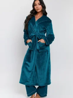 Blauwgroen - Loungeable Christmas Ribbon Trim Luxury Fleece Hooded Maxi Robe