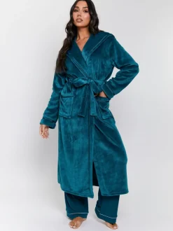 Blauwgroen - Loungeable Christmas Ribbon Trim Luxury Fleece Hooded Maxi Robe