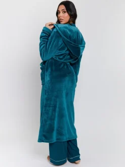 Blauwgroen - Loungeable Christmas Ribbon Trim Luxury Fleece Hooded Maxi Robe