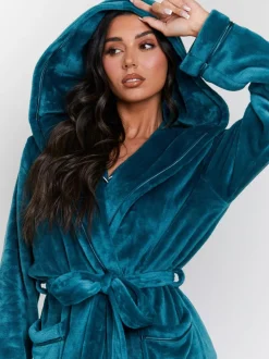 Blauwgroen - Loungeable Christmas Ribbon Trim Luxury Fleece Hooded Maxi Robe