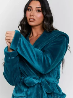 Blauwgroen - Loungeable Christmas Ribbon Trim Luxury Fleece Hooded Maxi Robe