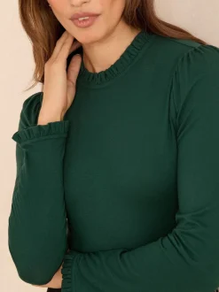 Blauwgroen - Love & Roses jersey top met ruches aan de hals en lange mouwen