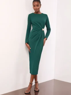 Blauwgroen - Nauwsluitende midi-jurk met lange mouwen en hardware-details van Lipsy