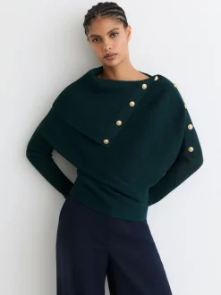 Blauwgroen - Reiss Lexi Rib-Knit Button Shawl Jumper