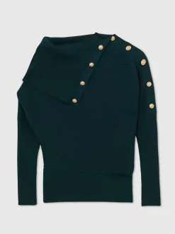 Blauwgroen - Reiss Lexi Rib-Knit Button Shawl Jumper