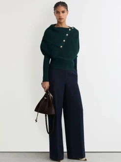 Blauwgroen - Reiss Lexi Rib-Knit Button Shawl Jumper
