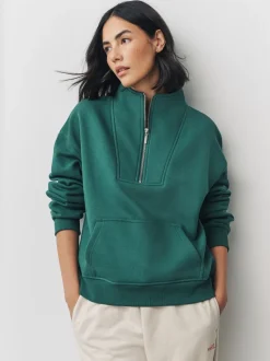 Blauwgroen - Relaxed fit sweatshirt van zware katoenrijke jersey met ritssluiting bij de hals