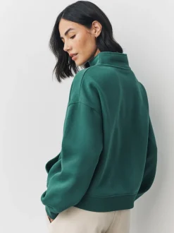 Blauwgroen - Relaxed fit sweatshirt van zware katoenrijke jersey met ritssluiting bij de hals