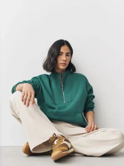 Blauwgroen - Relaxed fit sweatshirt van zware katoenrijke jersey met ritssluiting bij de hals