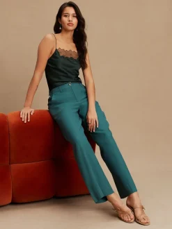 Blauwgroen - Smart Front Linen Blend Wide Leg Trousers