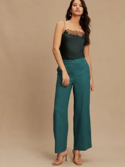 Blauwgroen - Smart Front Linen Blend Wide Leg Trousers