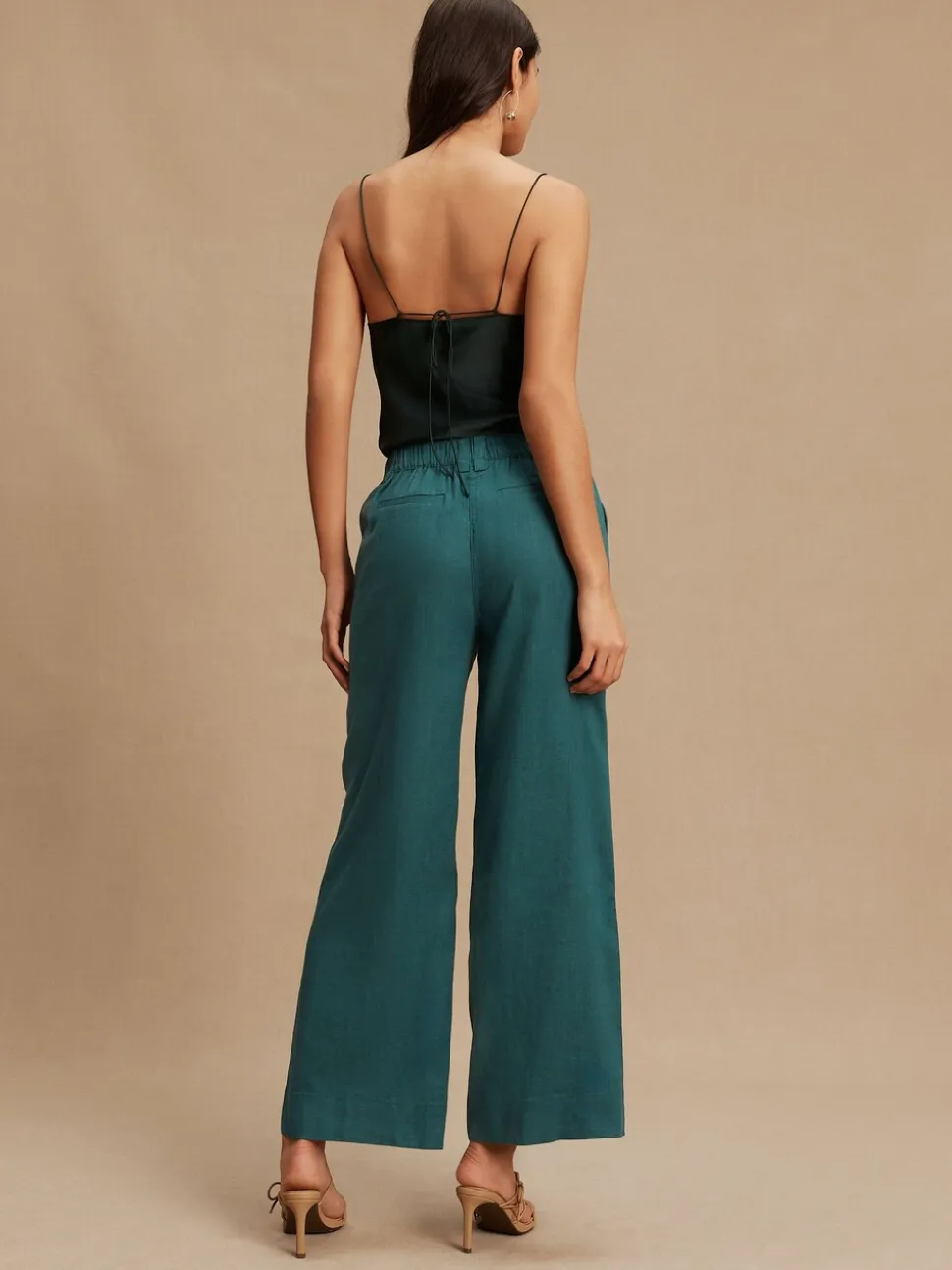 Blauwgroen - Smart Front Linen Blend Wide Leg Trousers