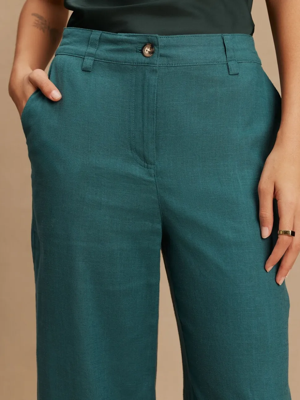 Blauwgroen - Smart Front Linen Blend Wide Leg Trousers