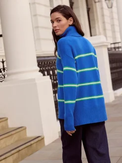Blauw/groen gestreept - 100% merinowol N. Premium Rolkraag Trui