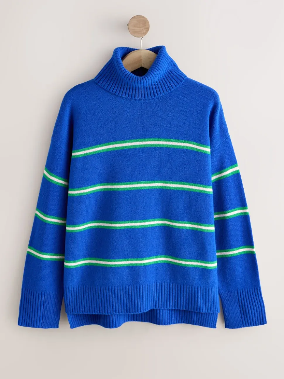 Blauw/groen gestreept - 100% merinowol N. Premium Rolkraag Trui