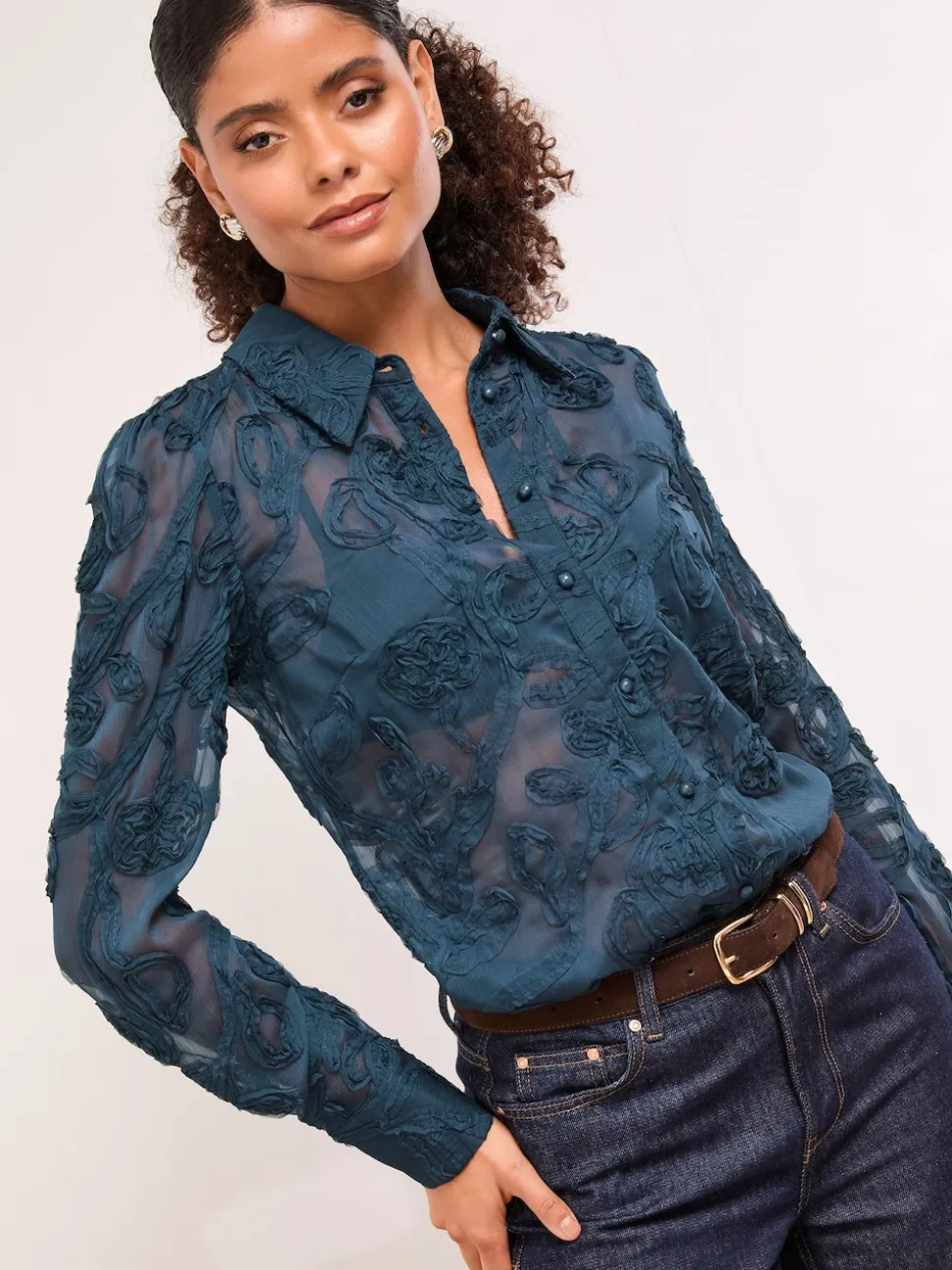 Blauwgroen met bloemen - Lipsy Burnout overhemd met knoopsluiting