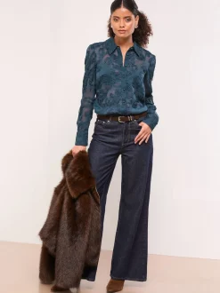 Blauwgroen met bloemen - Lipsy Burnout overhemd met knoopsluiting
