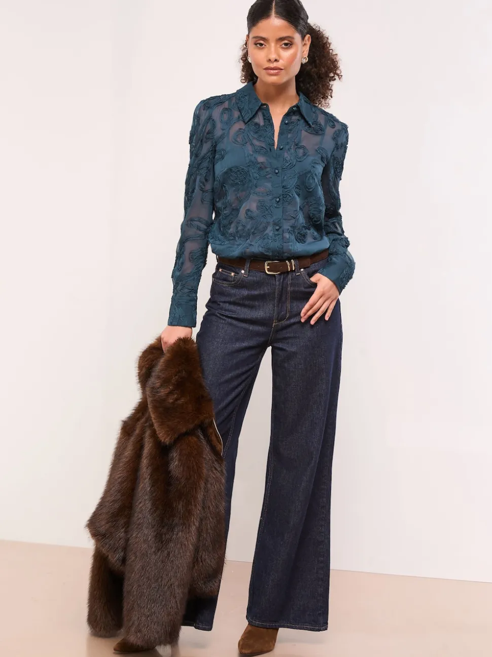 Blauwgroen met bloemen - Lipsy Burnout overhemd met knoopsluiting