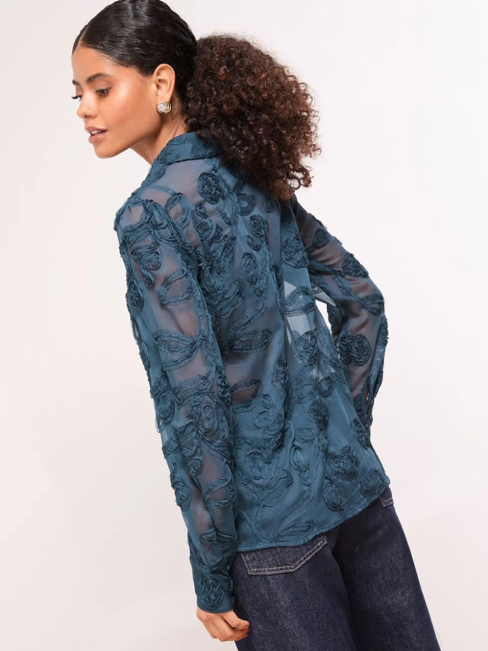 Blauwgroen met bloemen - Lipsy Burnout overhemd met knoopsluiting