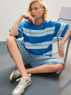 Blauw/lichtblauw - Boxy oversized T-shirt met relaxte pasvorm van zware stof en ronde hals