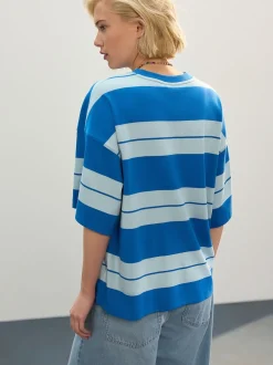 Blauw/lichtblauw - Boxy oversized T-shirt met relaxte pasvorm van zware stof en ronde hals