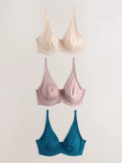 Blauw/roze/crème - Verpakking van 3 gladmakende T-shirtbeha's van microvezel, cupmaat DD+, ultiem comfort